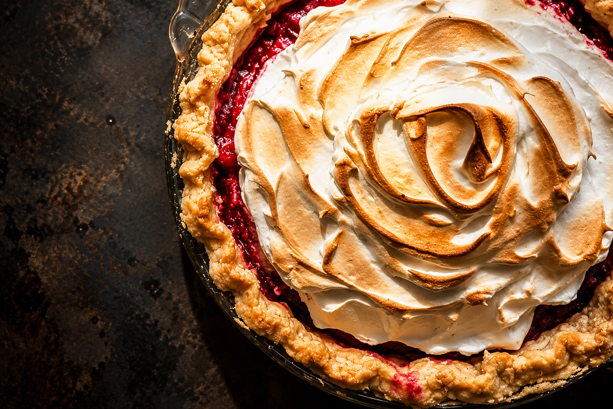 A Cranberry Meringue Pie with a golden-brown topping in a glass pie dish.