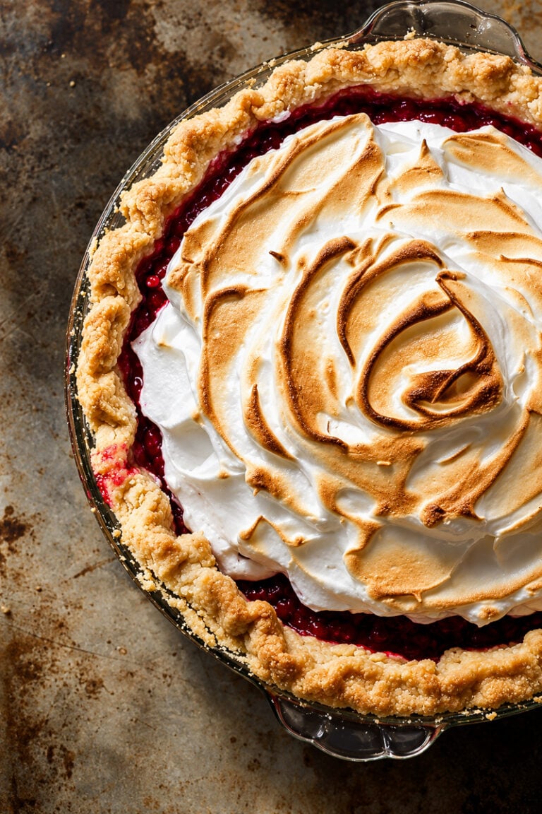 A cranberry meringue pie topped with toasted meringue in a glass pie dish.