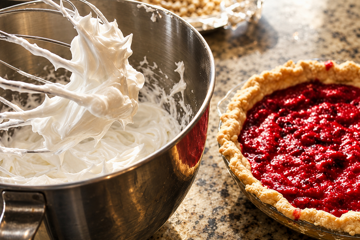 A metal mixing bowl with a whisk covered in whipped meringue next to a cranberry meringue pie in a glass crust.