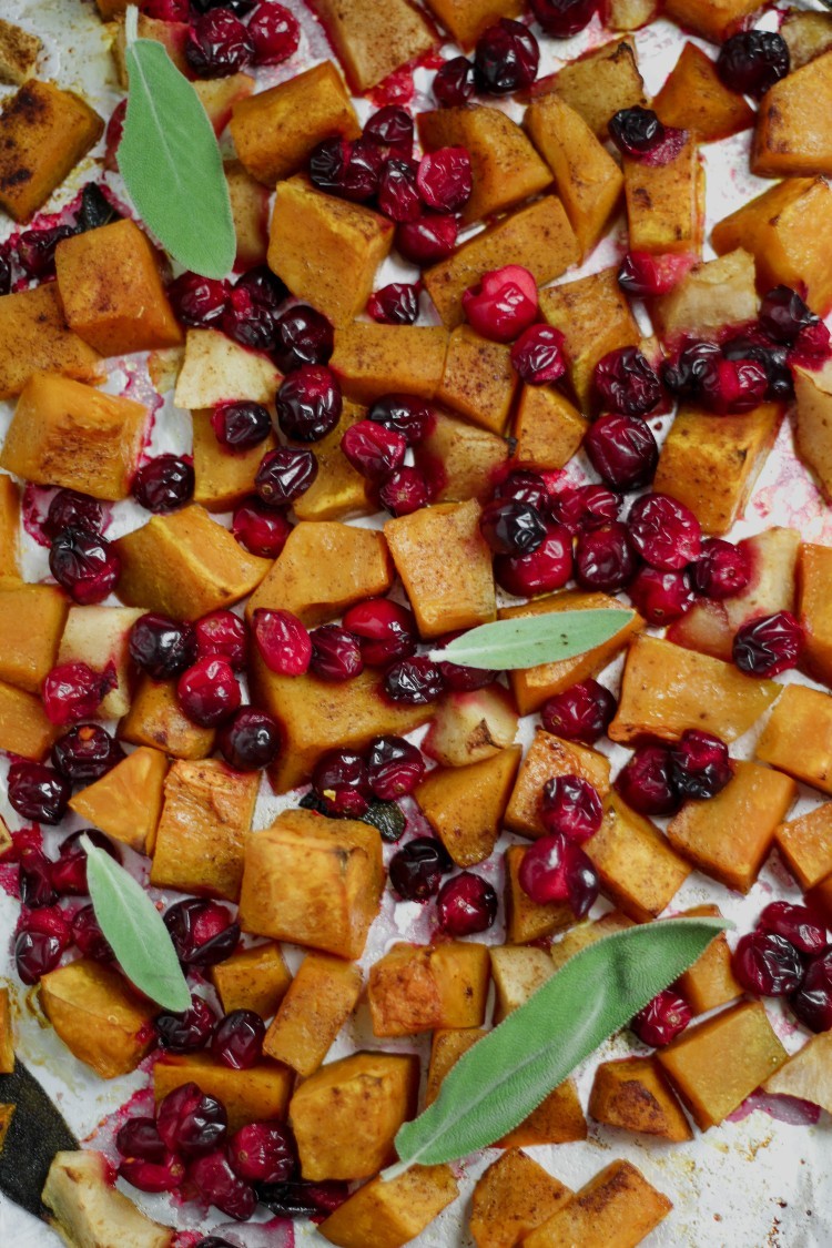 overhead image of roasted pumpkin, apples and cranberries
