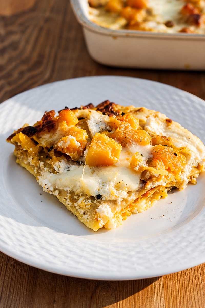 A slice of cheesy Roasted Butternut Squash and Pumpkin Lasagna sits on a white plate, with melted cheese and golden squash chunks visible. A baking dish with more lasagna is blurred in the background on a wooden table.