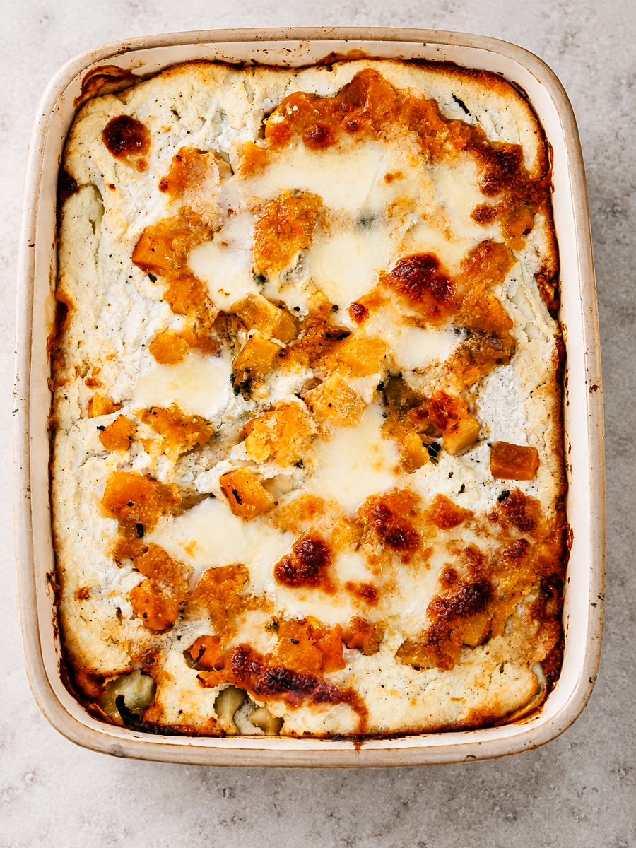 A baked casserole with a golden, bubbly cheese topping and visible chunks of vegetables in a rectangular dish, resting on a light countertop-this Roasted Butternut Squash and Pumpkin Lasagna is both comforting and vibrant.