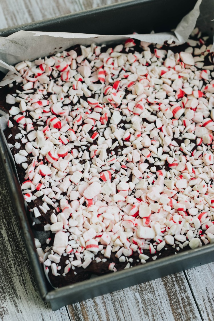 image of chocolate dessert with crushed candy on top 