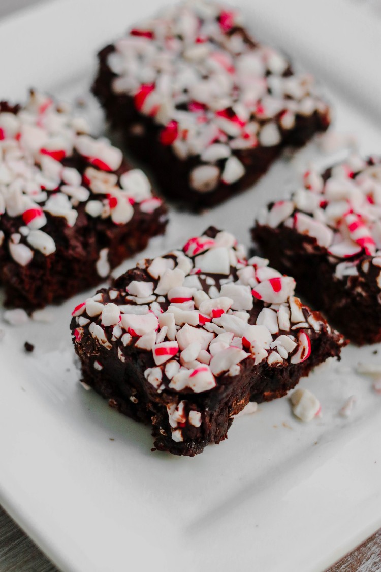 image of peppermint brownies sliced on a white plate
