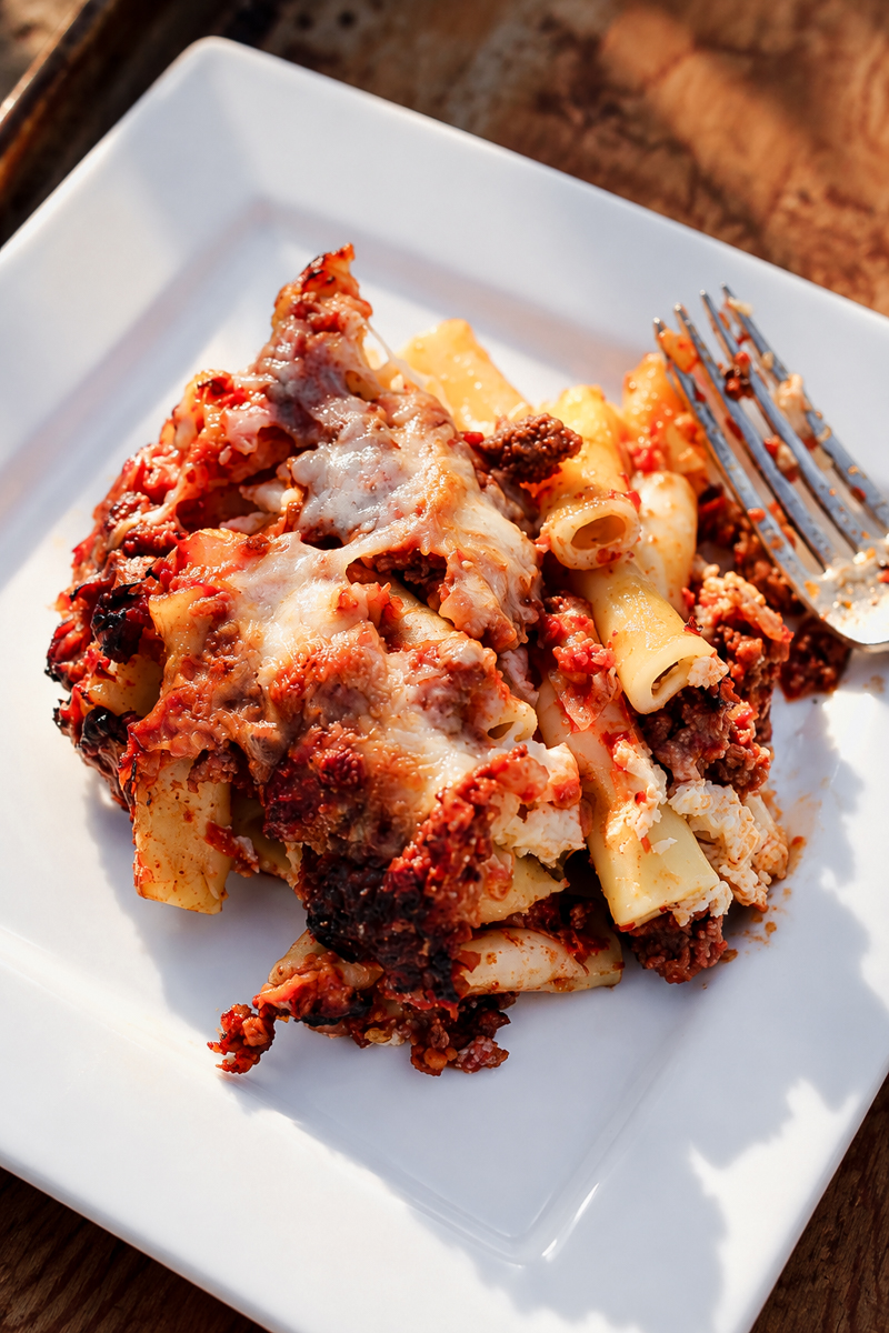 A serving of Ziti al Forno with melted cheese and tomato sauce is presented on a white square plate. A fork rests beside the pasta on the plate. The photo is taken in natural light.