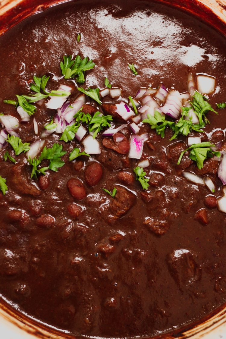 overhead image of easy chili with stew meat pot