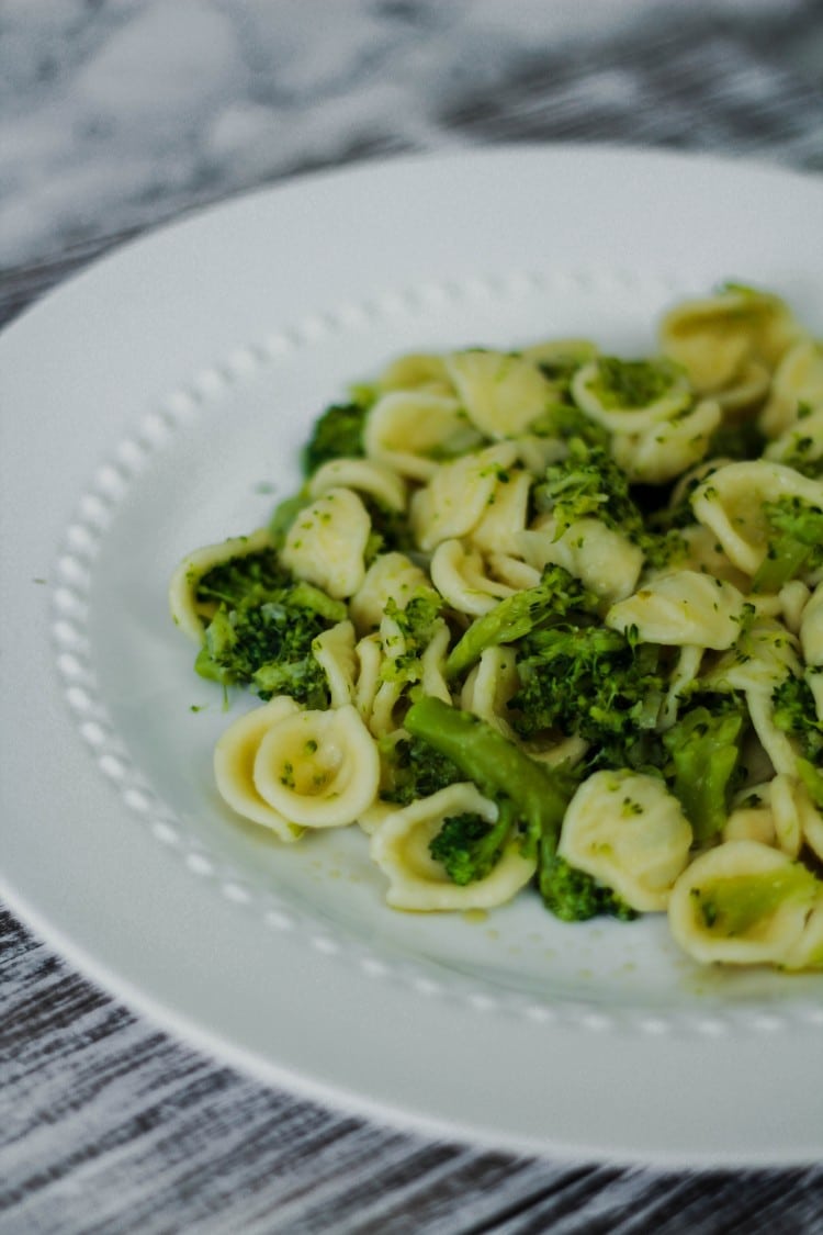 image of orecchiette pasta with broccoli sauce on a white plate