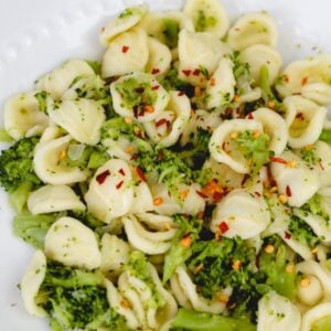 closeup image of orecchiette pasta with broccoli sauce