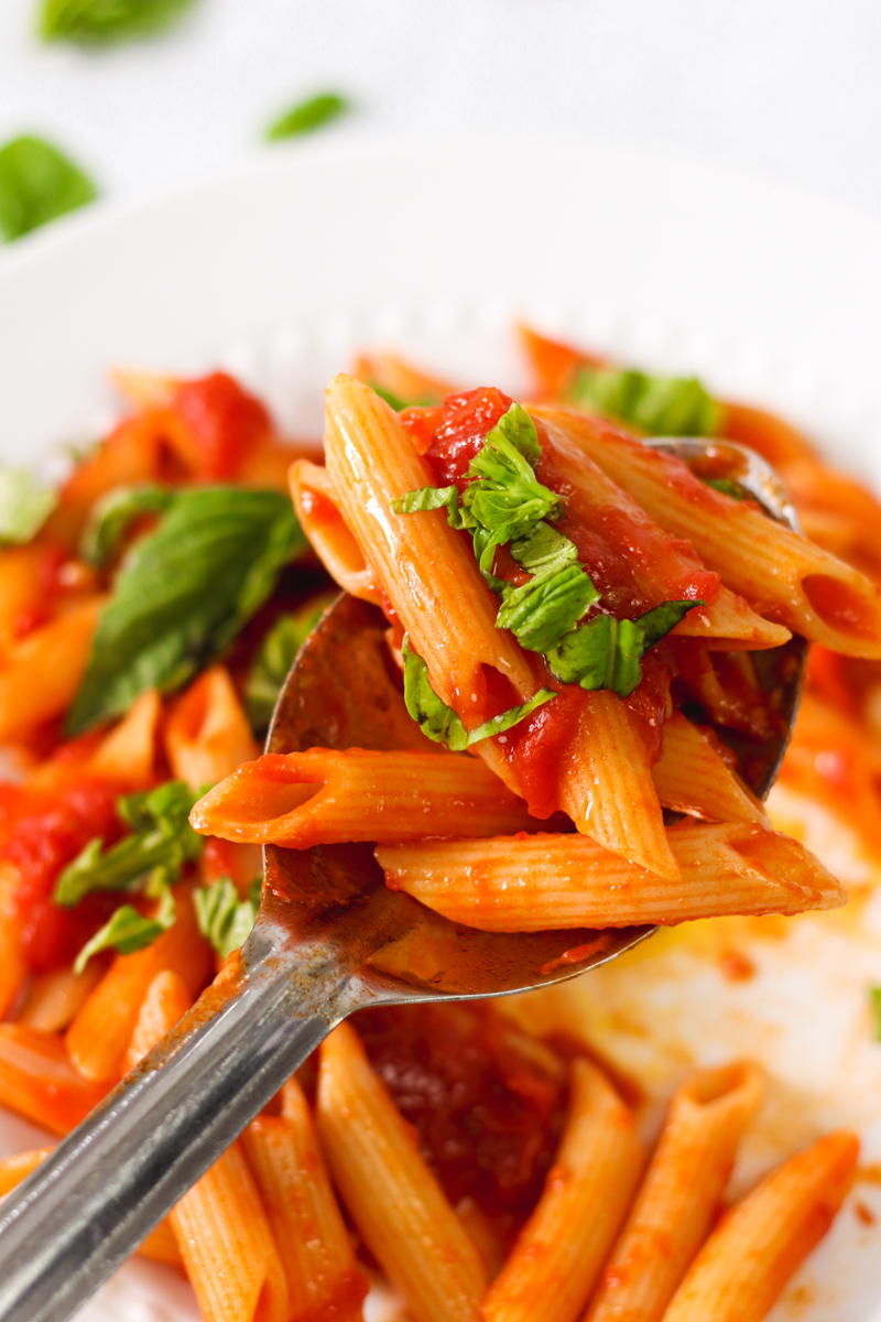 closeup image of easy homemade tomato sauce and pasta on a white plate