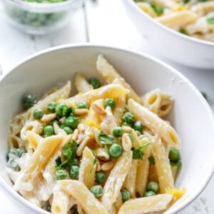 overhead image of pasta with ricotta and peas