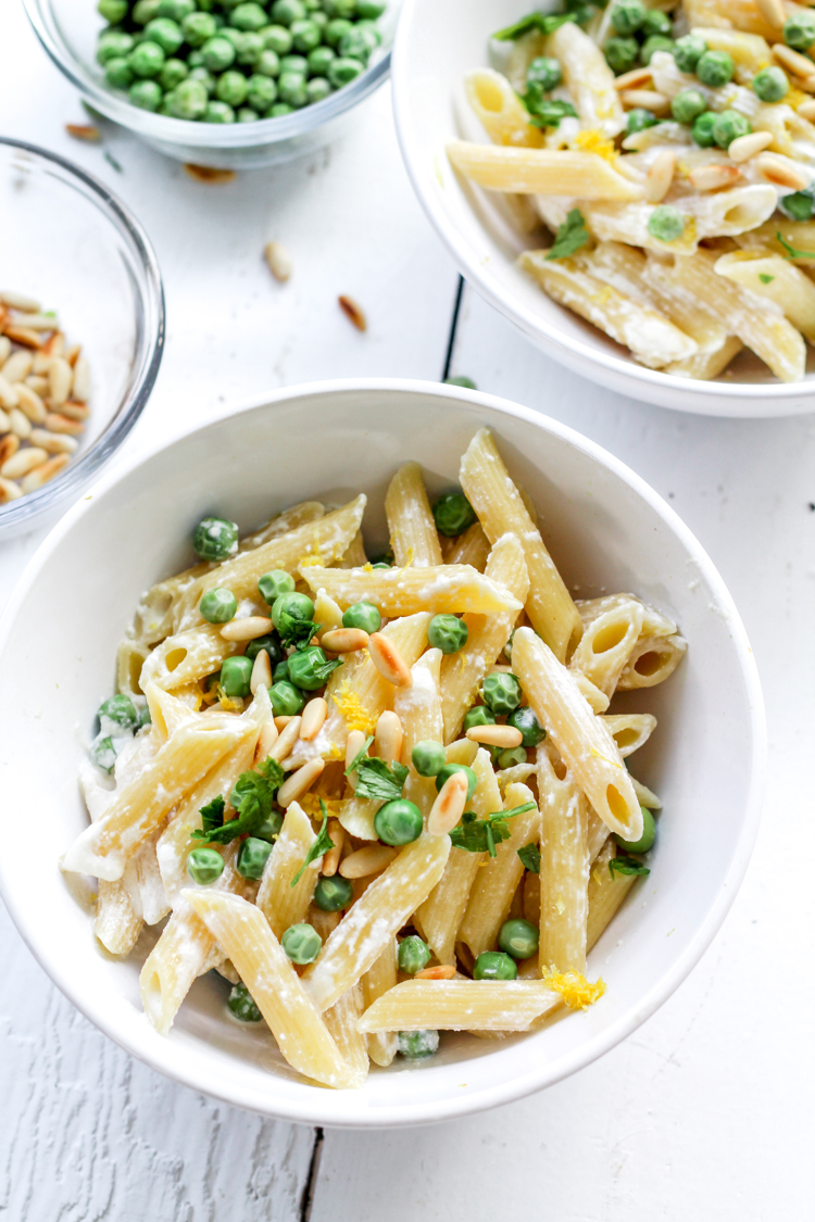 overhead image of pasta with ricotta and peas