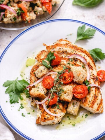 Grilled Chicken Cutlets with a Cherry Tomato Panzanella, topped with croutons, red onion slices, and fresh herbs, served on a white plate with a drizzle of olive oil and parsley. A vibrant salad is visible in the background.