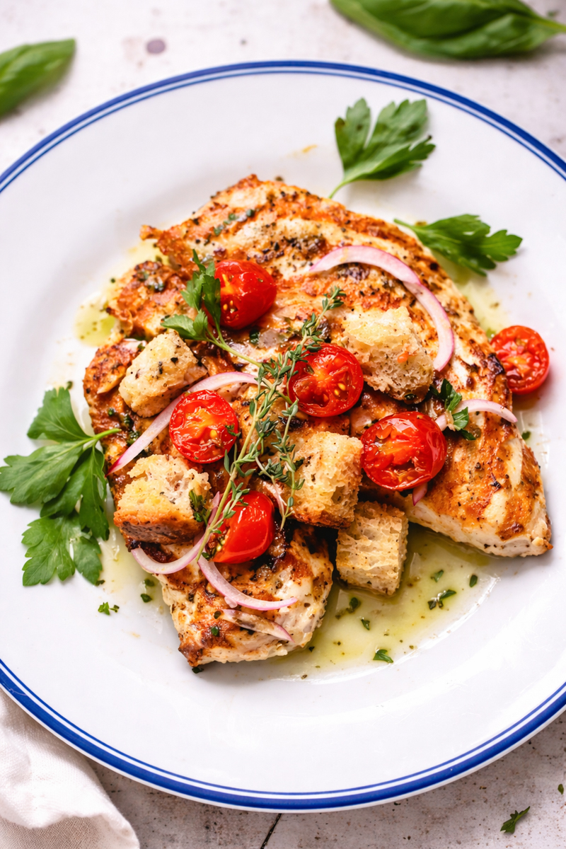Grilled Chicken Cutlets with a Cherry Tomato Panzanella: juicy chicken breast topped with cherry tomatoes, red onion, croutons, and herbs on a white plate with a blue rim, garnished with parsley and olive oil.