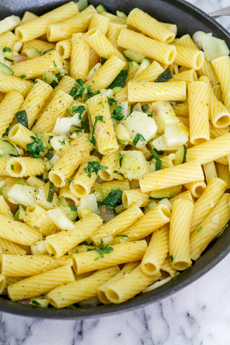 overhead image of pasta in a large skillet