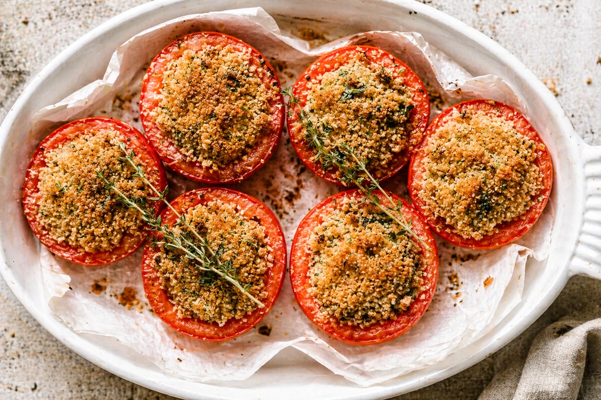 Pomodori gratinati fresh from the oven, cut tomatoes glistening with olive oil and golden breadcrumb crust