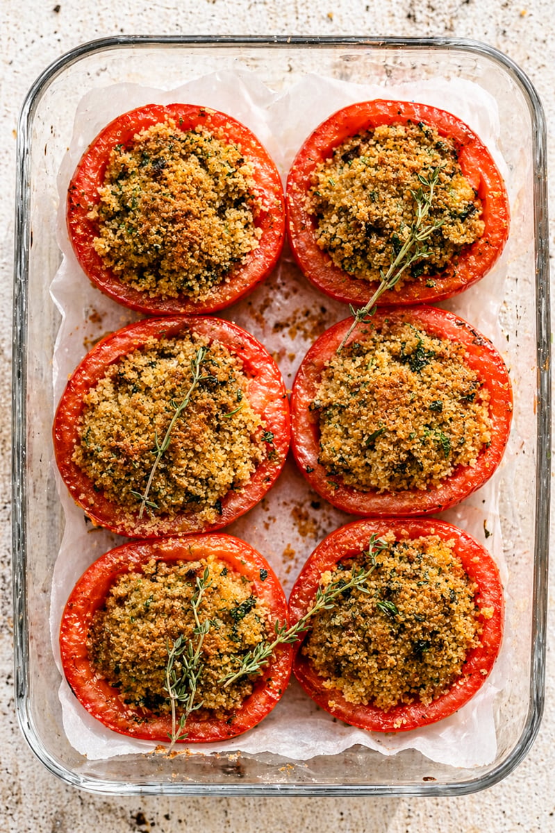 Pomodori gratinati fresh from the oven, cut tomatoes glistening with olive oil and
golden breadcrumb crust