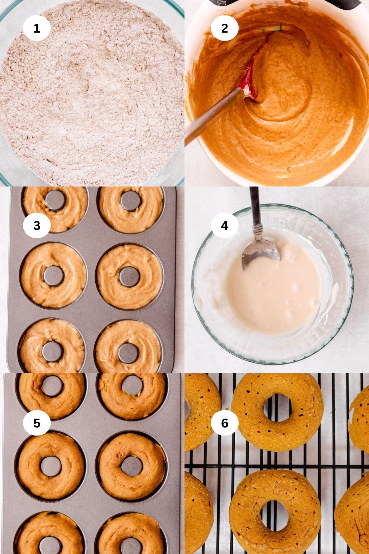 A six-step collage shows how to make easy baked pumpkin donuts: 1) dry ingredients in a bowl, 2) mixed batter in a bowl, 3) donut pan filled with batter, 4) bowl of glaze with a spoon, 5) baked donuts in the pan, 6) donuts cooling on a wire rack.