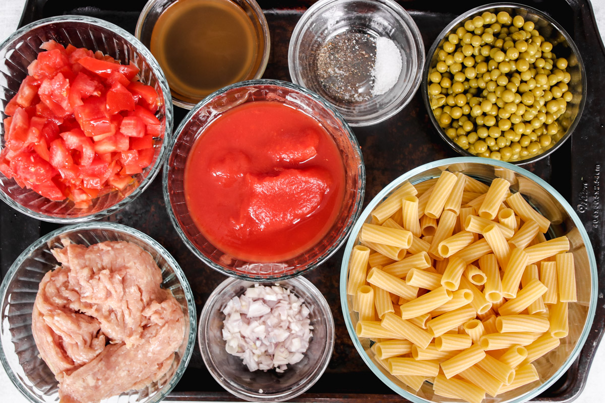 overhead image of ingredients to make pasta