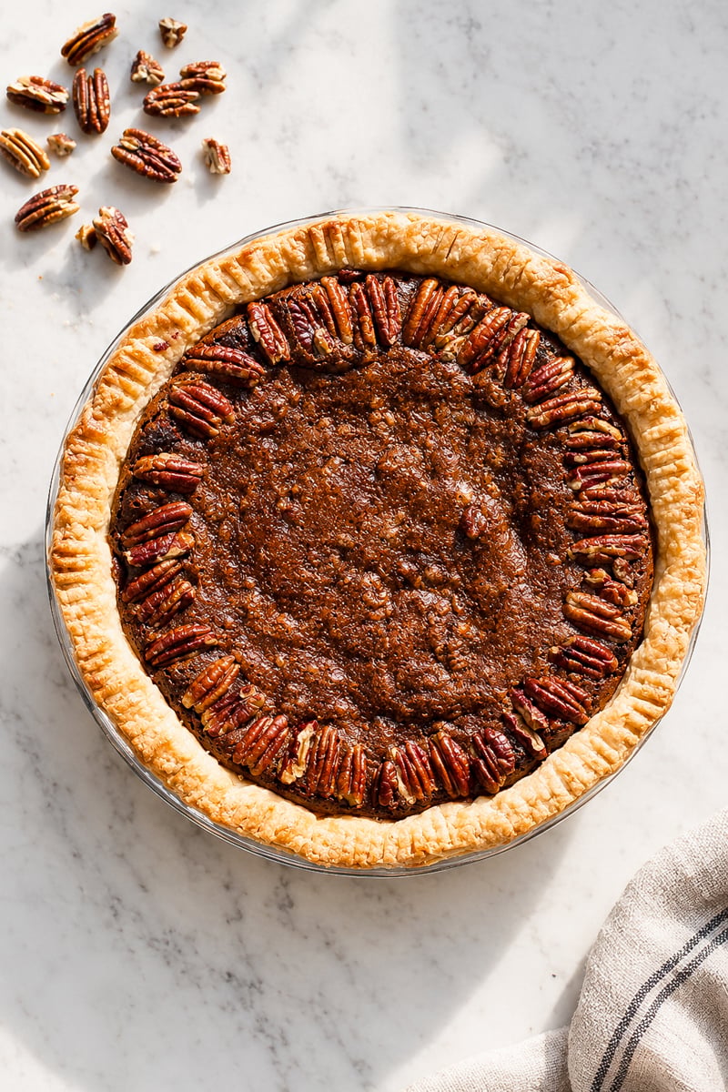 Gluten-free chocolate pecan pie with whole pecans decorating the top