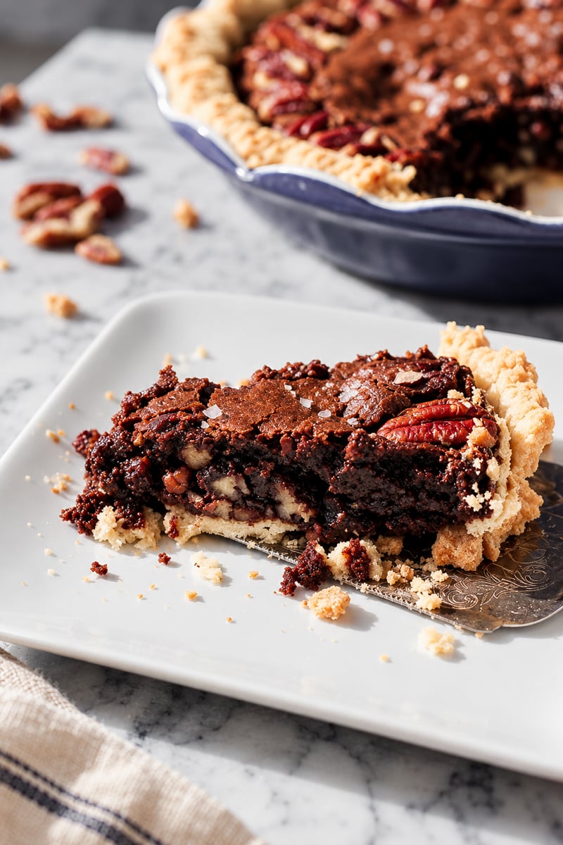 Gluten-free chocolate pecan pie with whole pecans decorating the top