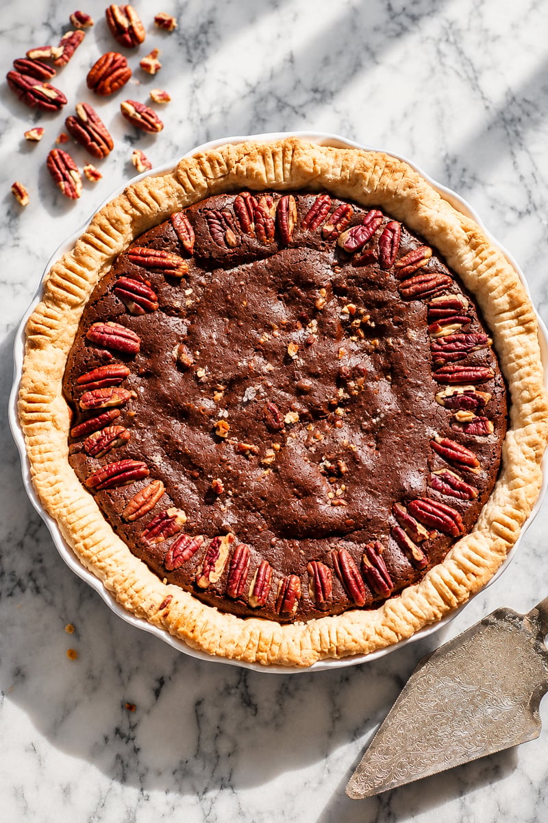 Gluten-free chocolate pecan pie with whole pecans decorating the top