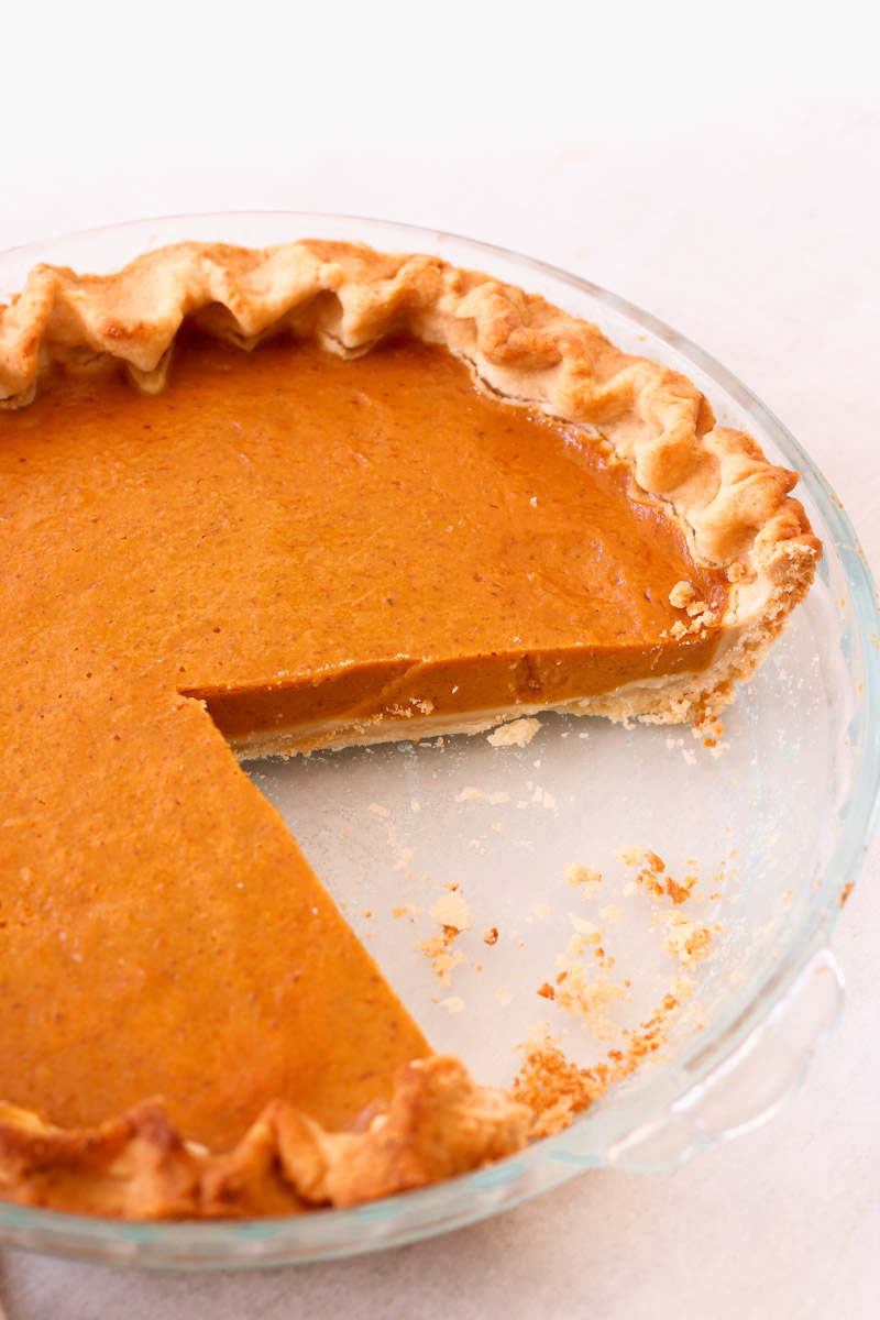 image of a pumpkin pie in a glass plate sliced.
