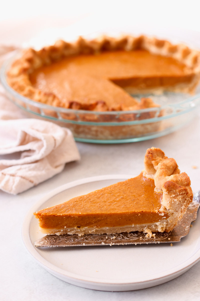 image of easy pumpkin pie sliced on a plate
