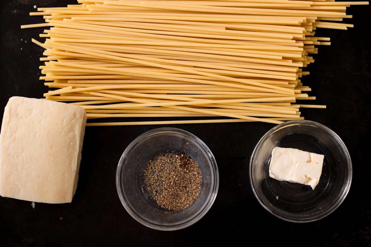 image of ingredients to make an easy cacio and pepe pasta.