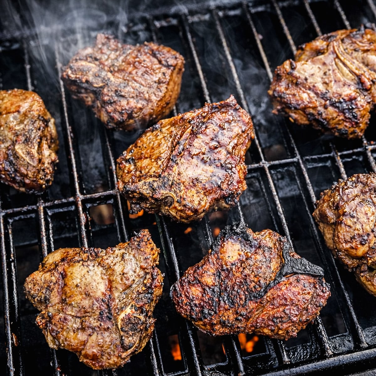 Grilled Lamb Chops with Ammoglio Sauce Several pieces of seasoned Grilled Lamb Chops with Ammoglio Sauce are cooking on a barbecue grill, with smoke rising and char marks visible on the meat.