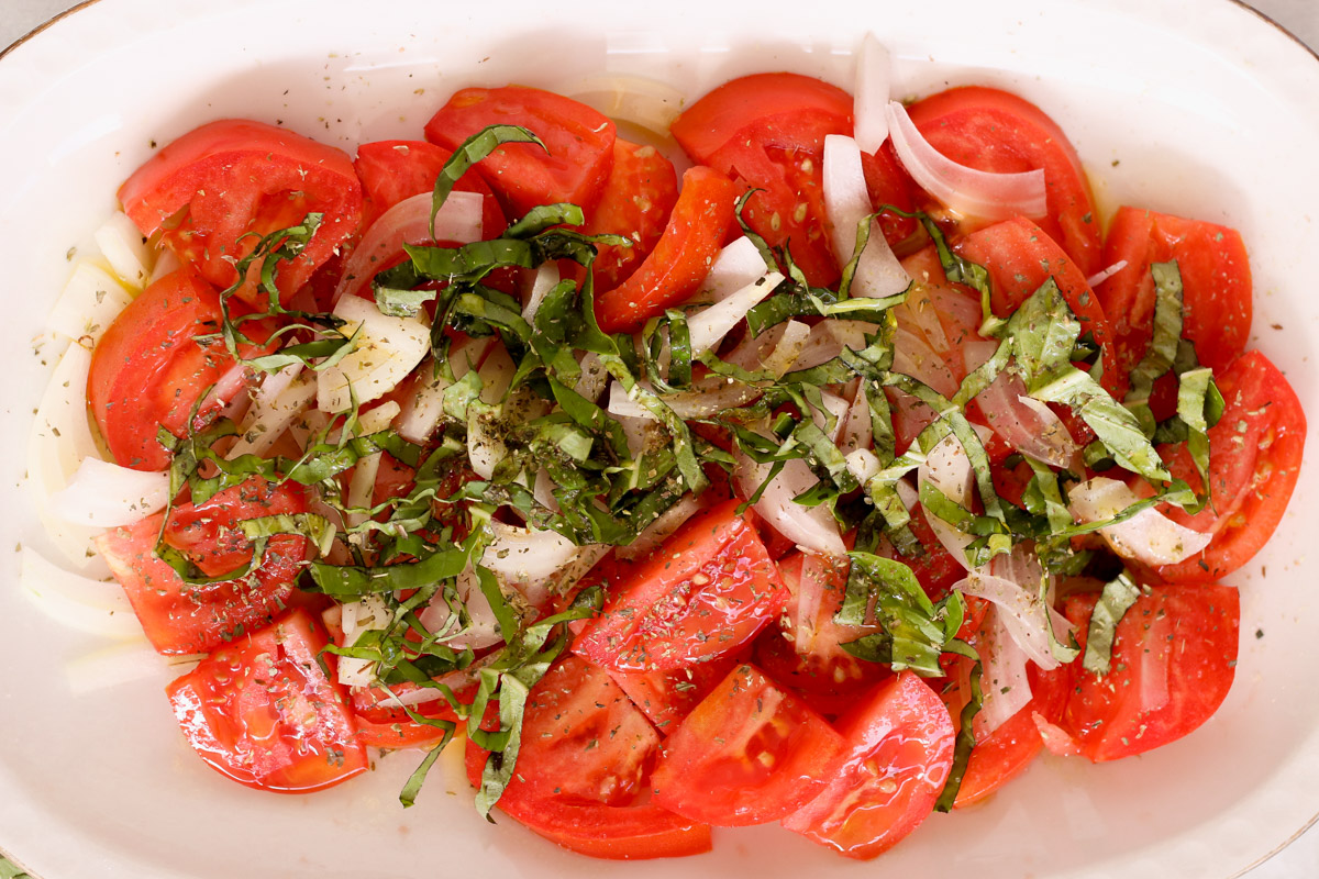 overhead image of making a tomato salad