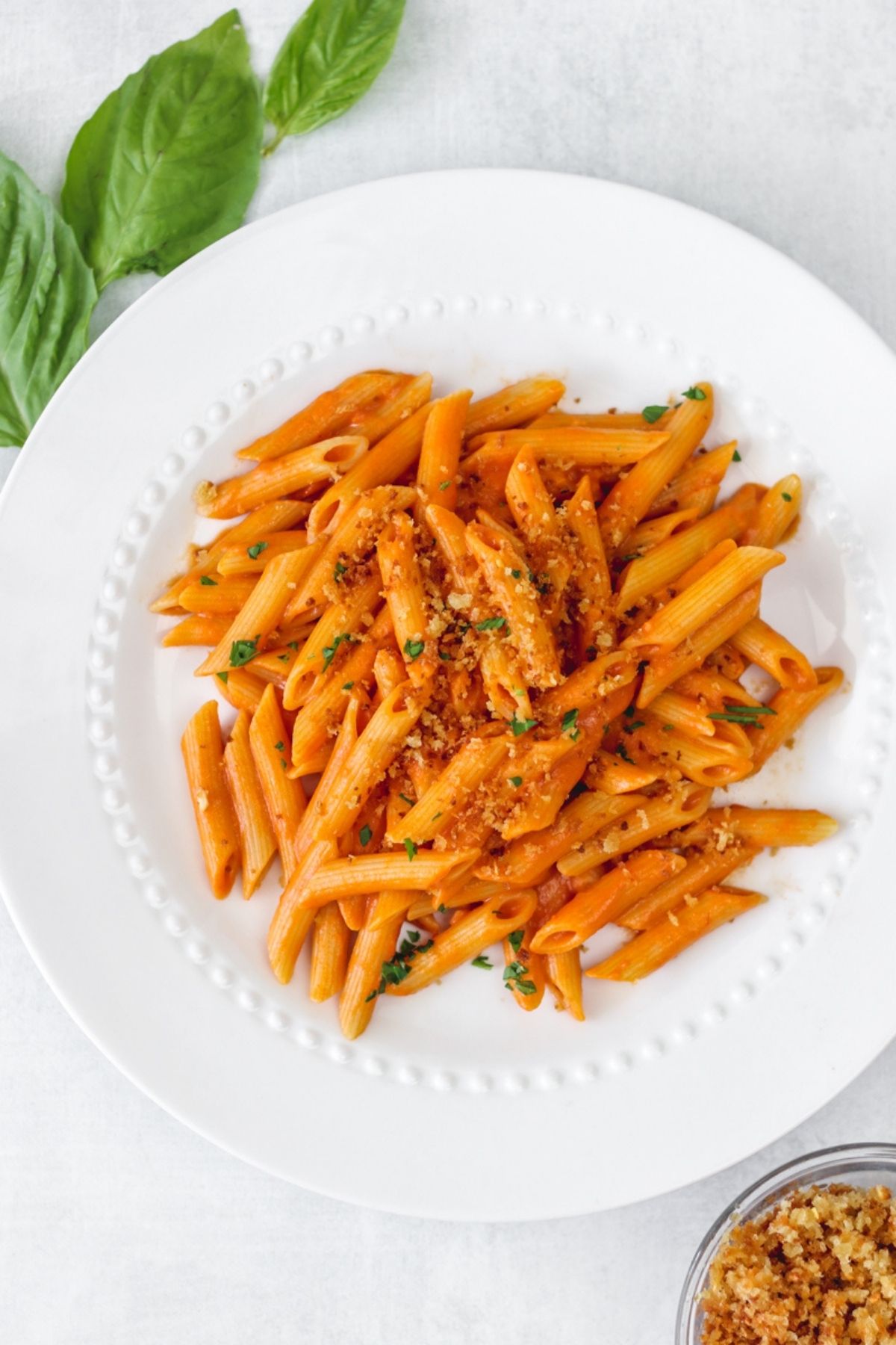 penne in a creamy sauce on a white plate.
