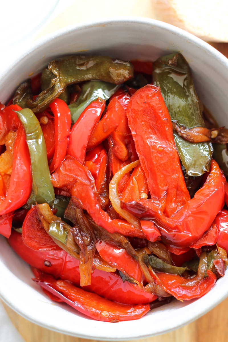 overhead image of peperonata in a white bowl. 