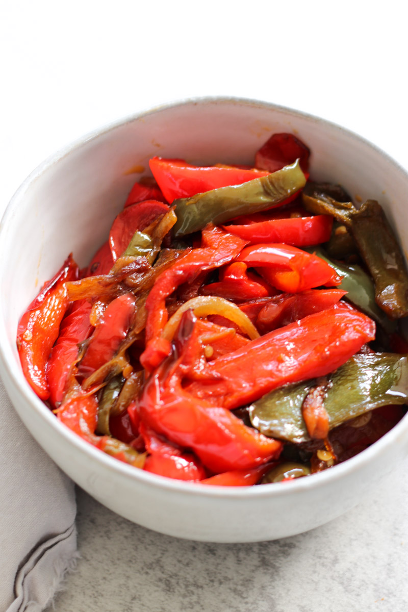 image of peppers in a white bowl. 