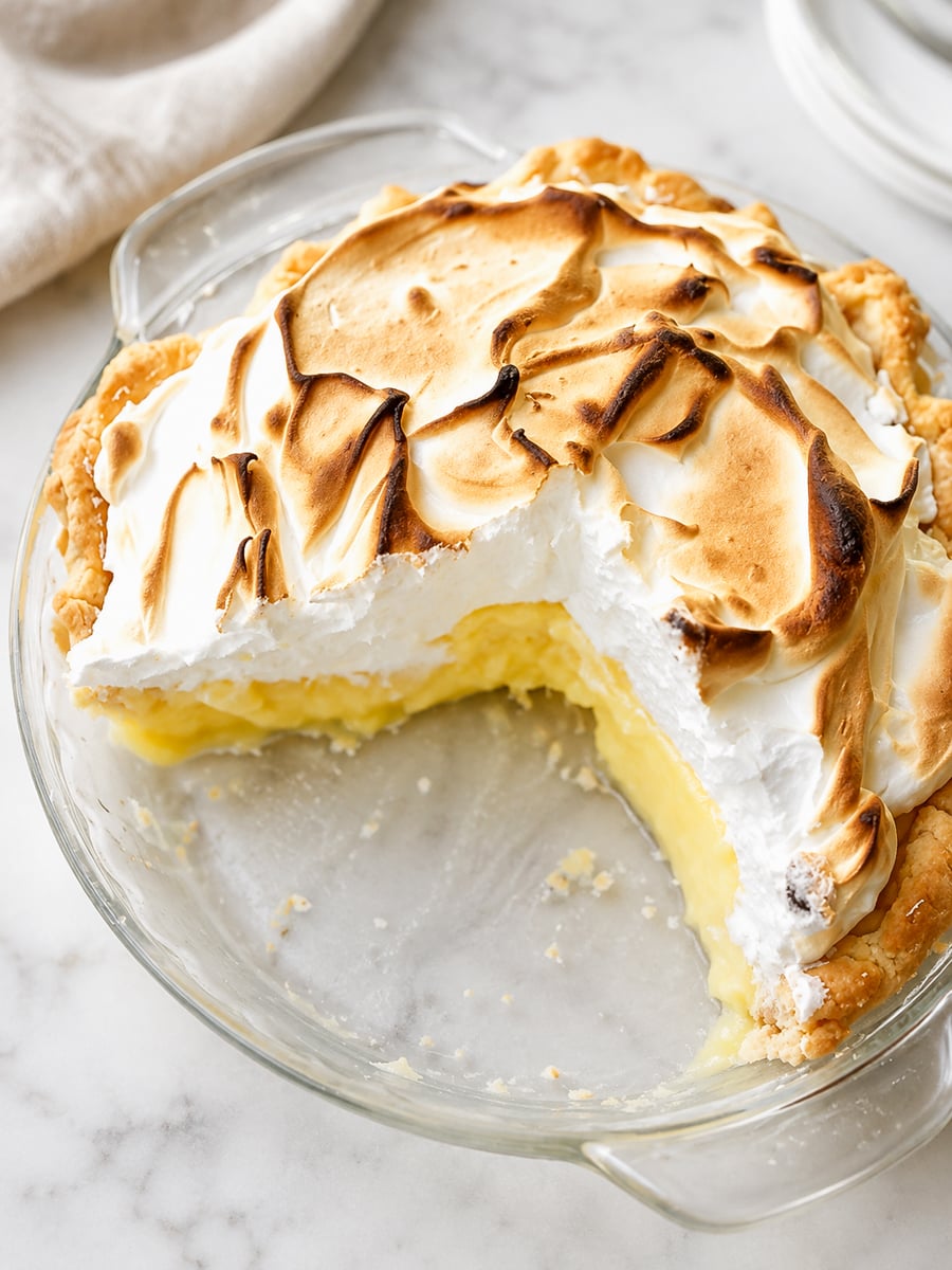 A classic Lemon Meringue Pie sits in a glass dish with a slice missing, revealing vibrant layers of yellow lemon filling and fluffy toasted meringue topping.