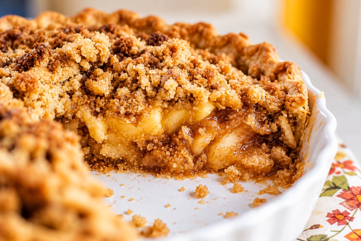 A slice of apple pie with oat streusel in a white ceramic dish.