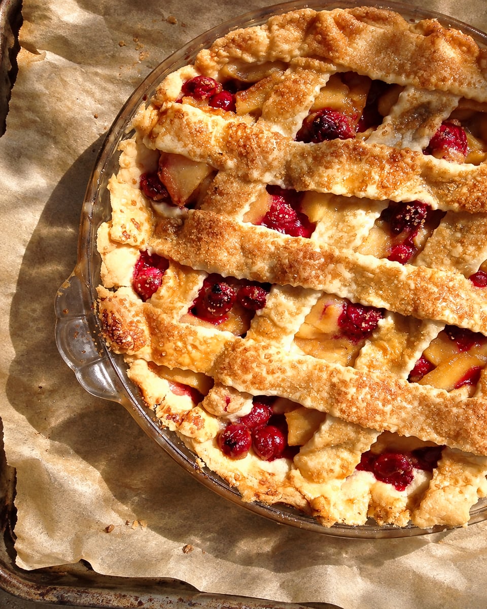 Cranberry apple pie with a golden lattice crust and sparkling sugar