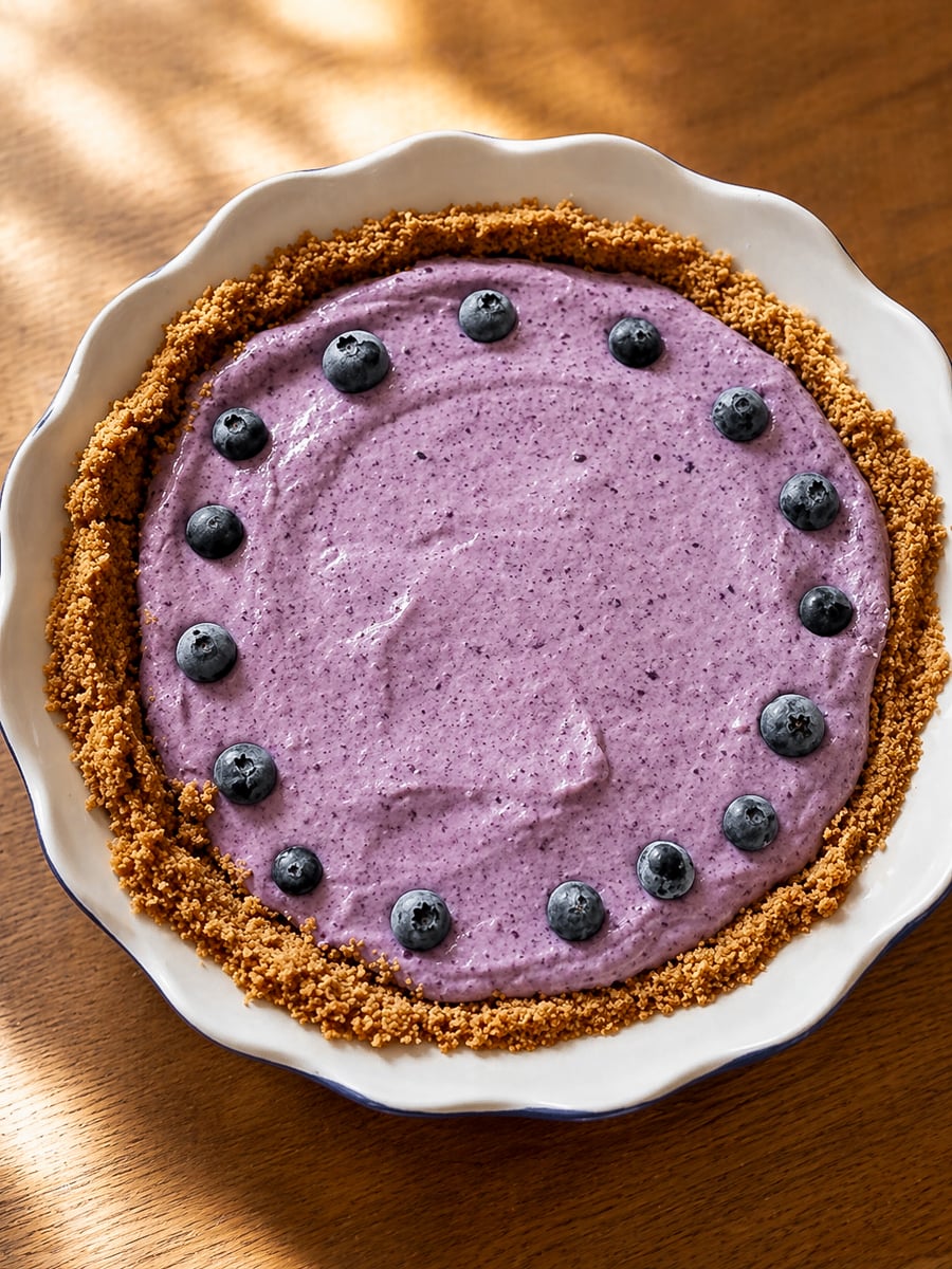 A Blueberry Icebox Pie with a crumbly brown crust and smooth purple filling, decorated with a ring of blueberries around the edge, sits on a wooden surface in a scalloped pie dish.
