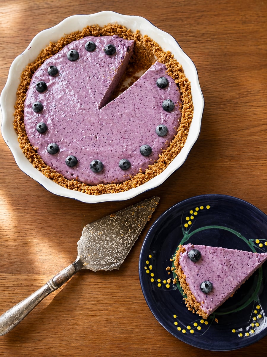 A Blueberry Icebox Pie with a graham cracker crust sits on a wooden table. One slice is on a dark plate, topped with fresh blueberries in a circle. A vintage pie server rests beside the pie dish.