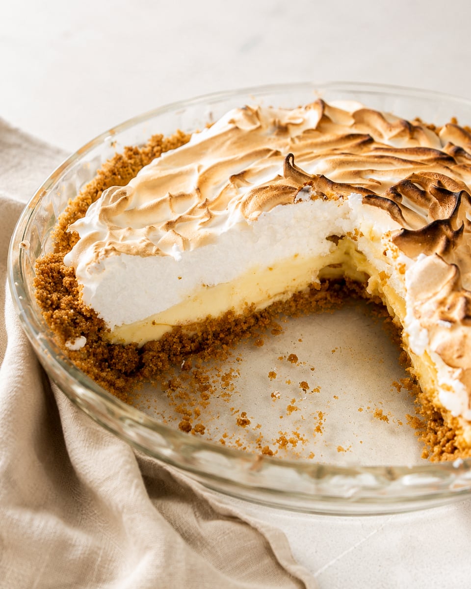 A partially eaten Key Lime Pie with a golden graham cracker crust, creamy yellow filling, and a fluffy, toasted meringue topping sits in a clear glass pie dish on a light surface with a beige cloth nearby.