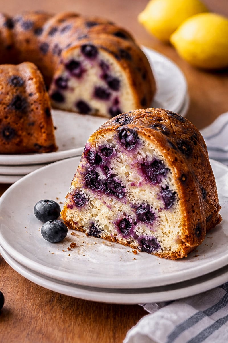 A slice of Vegan Blueberry-Lemon Bundt Cake on a white plate sits in front of the rest of the cake. Fresh blueberries and two lemons add a pop of color on the wooden surface, while a striped cloth is partially visible on the right.