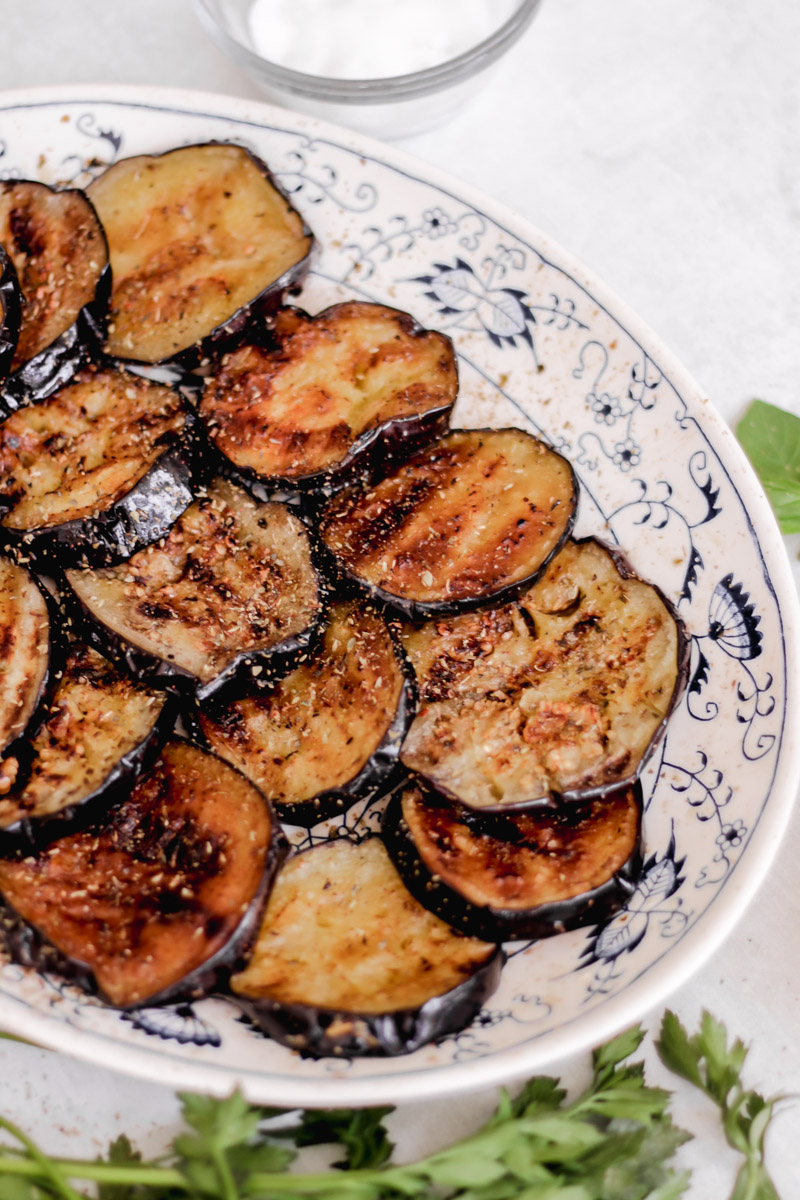 close-up of grilled eggplants