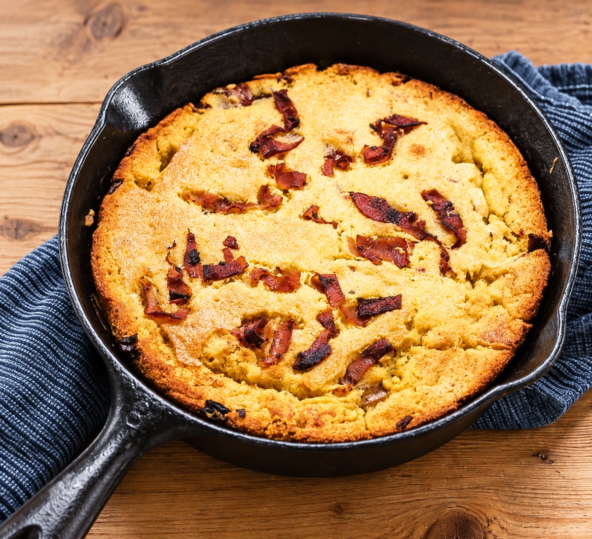 A golden brown skillet of savory cornbread, topped with pieces of crispy bacon, sits on a wooden table next to a folded blue cloth.