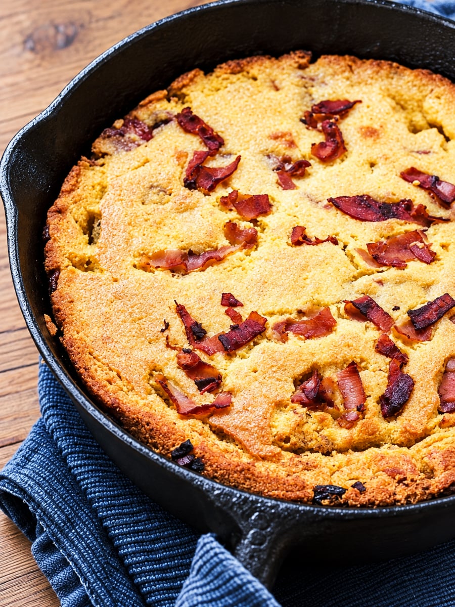 Savory cornbread topped with crispy bacon pieces, baked to a golden brown, sits on a blue cloth on a wooden table.