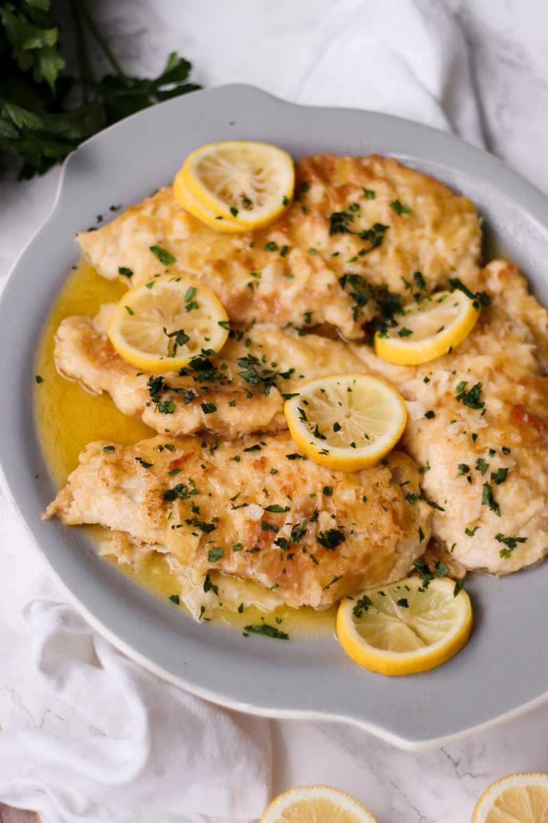 overhead image of lemon chicken on a serving plate.