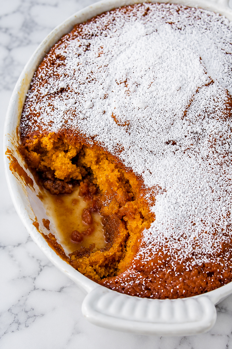 A round white baking dish holds a golden Pumpkin Pudding Cake, dusted with powdered sugar. A section is scooped out, revealing an orange, syrupy interior with raisins on a marble surface.