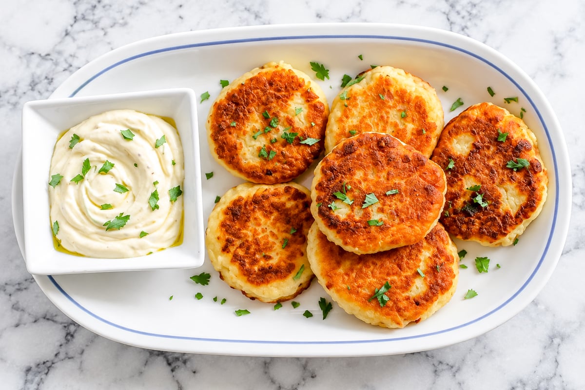 Six golden-brown potato pancakes garnished with chopped parsley are arranged on a white plate next to a square dish of creamy dip, set on a marble surface.
