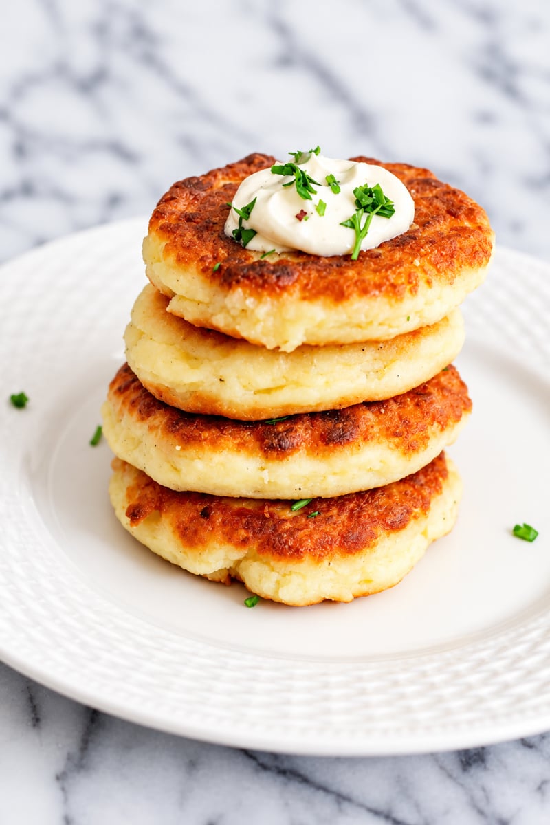 Four golden-brown potato pancakes stacked on a white plate, topped with a dollop of sour cream and chopped herbs, are displayed on a marble surface.
