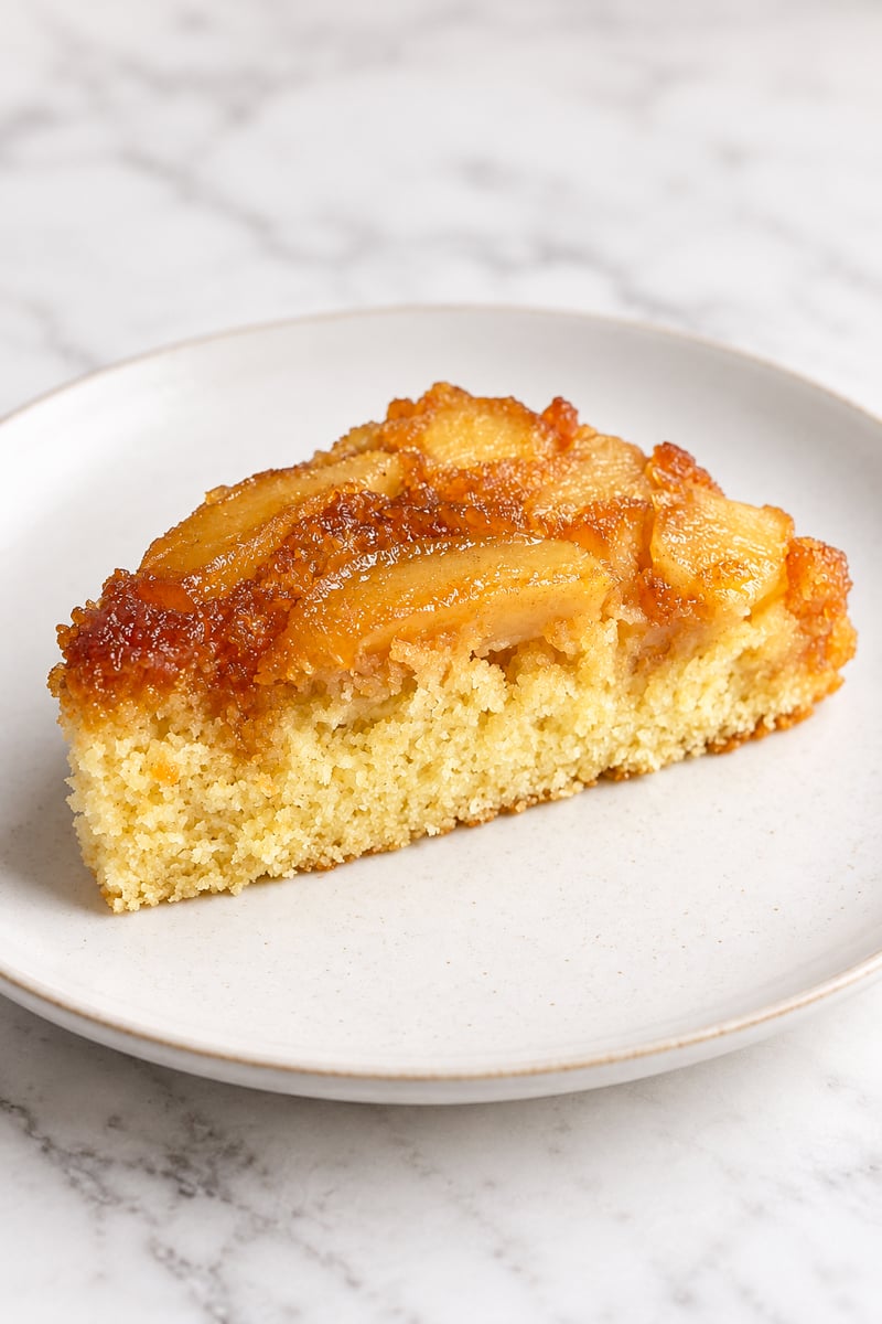 A slice of upside-down pineapple cake sits on a white plate atop a marble surface. Reminiscent of an Apple Upside-Down Cake, this dessert features a golden, caramelized pineapple topping and a moist yellow crumb.