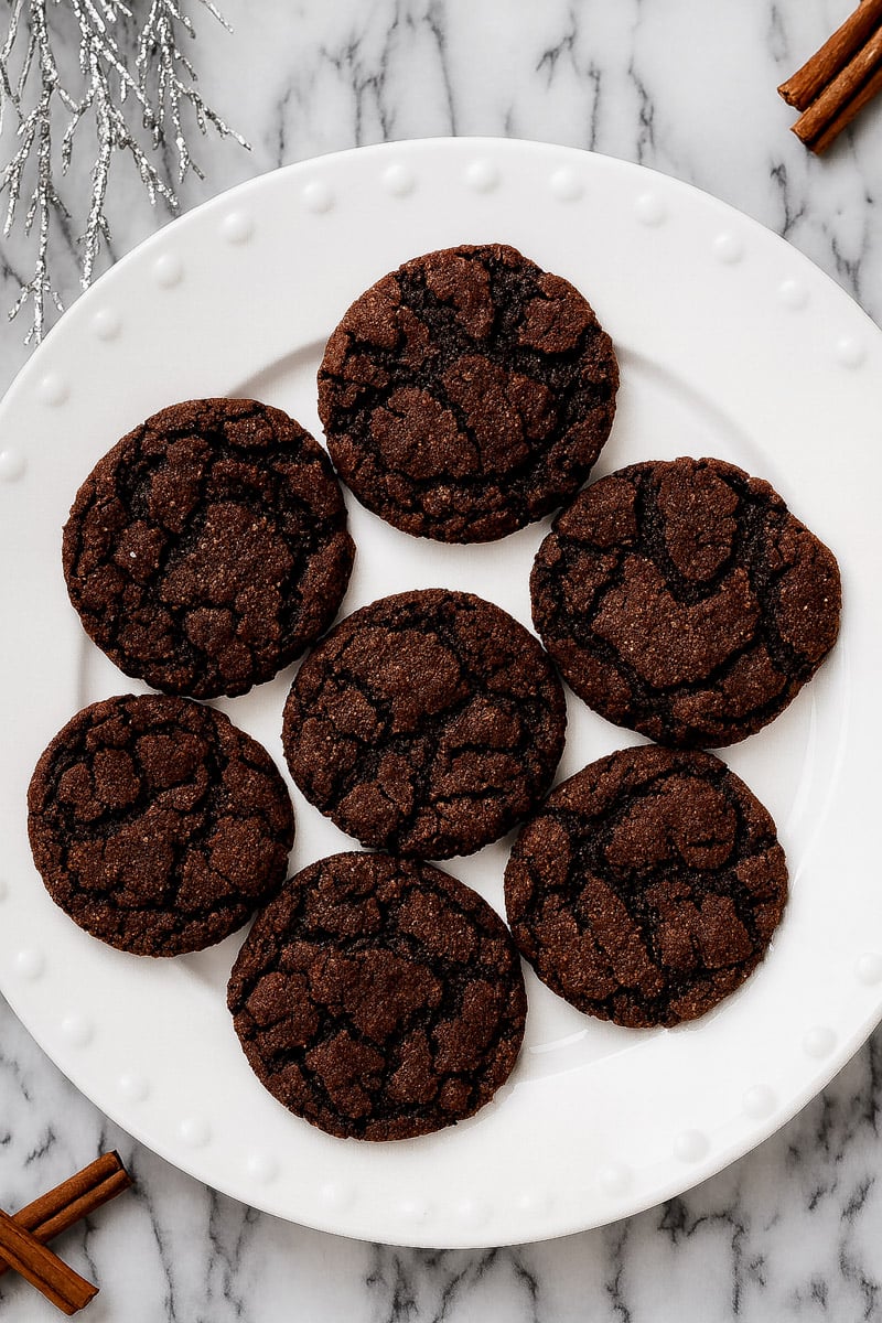 A white plate holds seven round, crackled Vegan Mexican Chocolate Snickerdoodles on a marble surface. Cinnamon sticks and silver decorative branches are visible in the background.