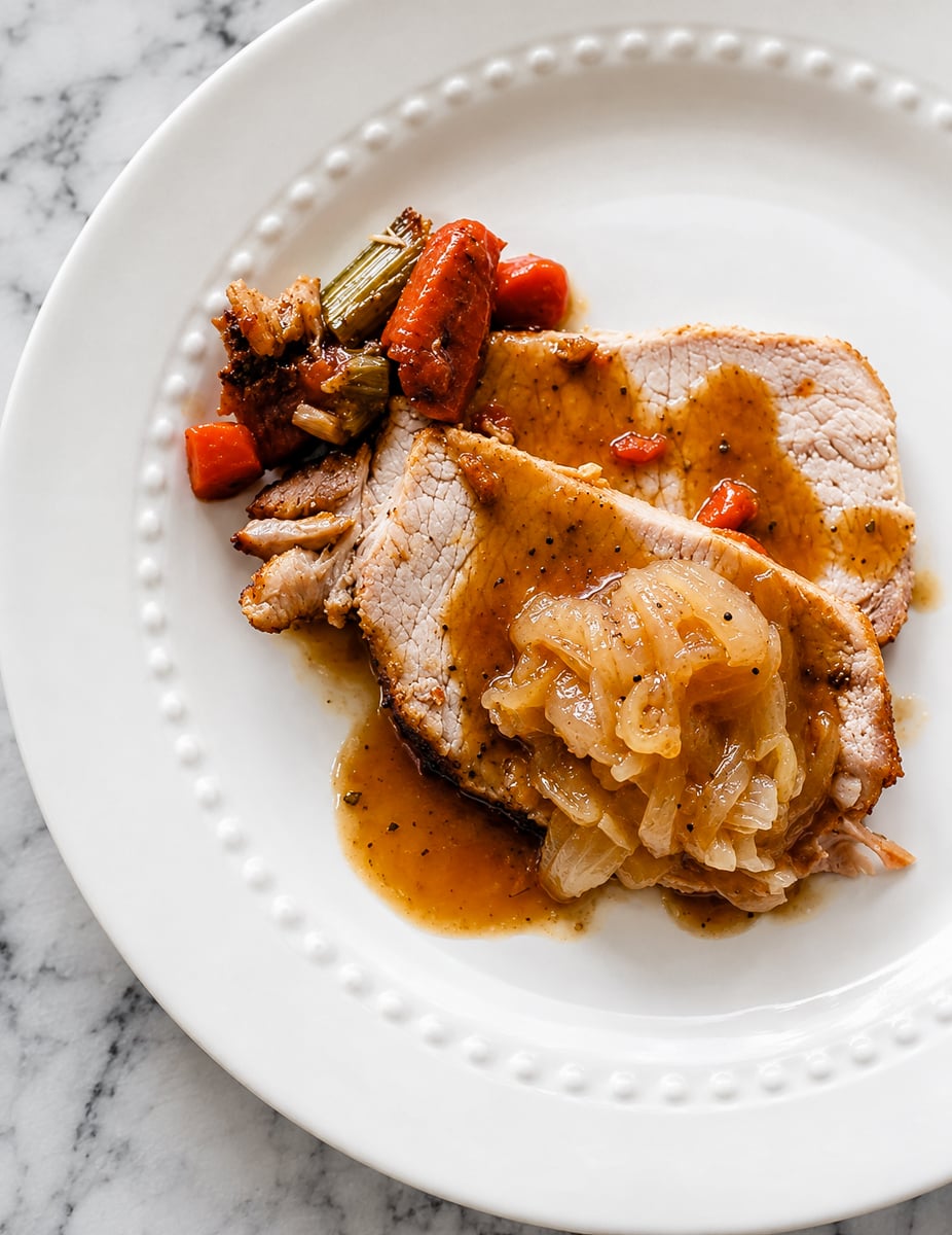Two slices of roast pork tenderloin with butternut squash, topped with caramelized onions and gravy, served alongside roasted carrots and celery on a white plate with a beaded rim, set on a marble surface.